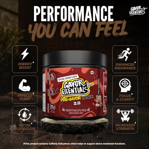 Image of Gayor Essentials Pre gayor black 2.0 Pre Workout High Stim Energy, Focus & Muscle Pump, 200mg Caffeine, 10g Citrulline Malate, 6g Beta Alanine, L-Theanine Performance Formula(Cola, 676g)