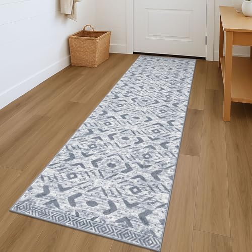 KILOCOCO Kitchen Runner Rug Hallway Runner Rug Washable, Soft Runners Rugs Non Slip Printed Distressed Laundry Room Rugs, Low-Pile Runners for Entryway Bedroom Living Room, 2x7 Grey White