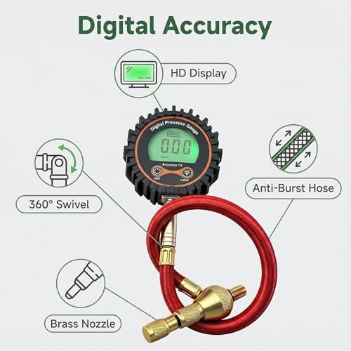 Image of SUVCARMPING 250 PSI Digital Tire Pressure Gauge, Heavy Duty Air Pressure Gauge (±1% Accurate) with LED Backlit LCD Screen, Integrated Bleeder Valve and 4-Way Valve Tool for Heavy Trucks RVs Cars, Red