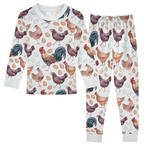 Chickens Roosters Eggs Pajama Sets Long Sleeve Top with Pants Cotton Soft Sleepwear 2 Piece Pjs Set, 6 Years Old