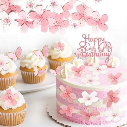 70PCS Edible Flowers Cake Toppers Decorations Flower Cupcake Toppers Happy Birthday For Various Cake Decorations Wedding Anniversary Party DIY Cake Decoration