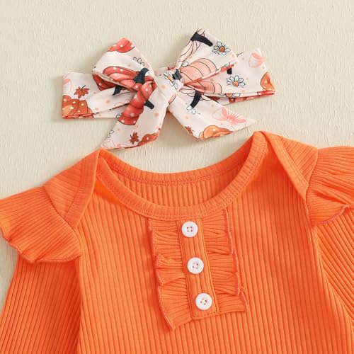 Fall Baby Girl Clothes Ruffle Sleeve Ribbed Romper Onesie Bell Bottom Pumpkin Pants Halloween Clothes Set4