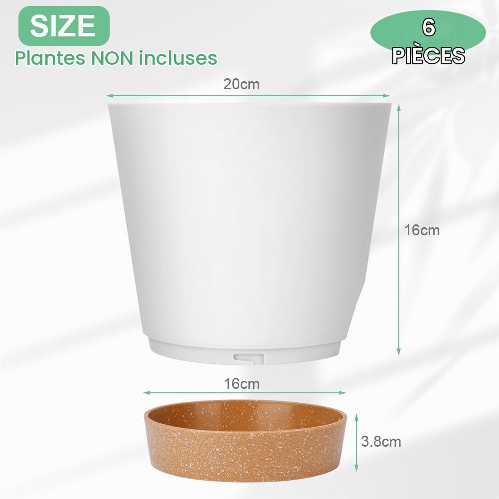 OFFCUP Lot de Pot de Fleur en Plastique, 6pcs Pots de Fleurs Auto-Arrosant, Pots de Plantes avec Trous De Drainage et Soucoupes Amovible pour d'Intérieur et d'Extérieur Jardins de Balcon -Blanc 20cm