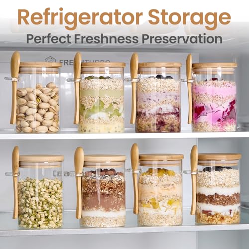 Image of 4 Pack Overnight Oats Containers with Bamboo Lids and Spoons - 22 oz Airtight Glass Jars with Lid, Meal Prep Jars for Chia Pudding, Yogurt, Salad, Cereal, Coffee, Flour | Food Storage Canister