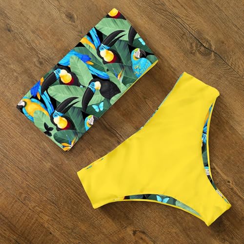 Image of ZAFUL Women's High Cut Bandeau Bikini Set Strapless Solid Color 2 Pieces Bathing Suit Swimsuit