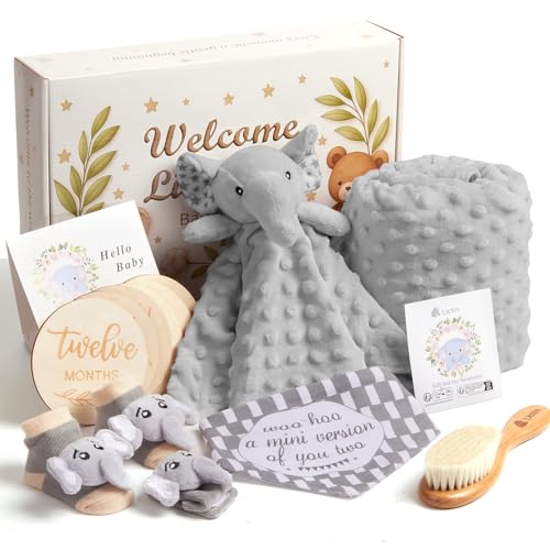 Image of Lictin Baby Gift Set for Boys Girls, Baby Shower Gifts, Neutral Newborn Gifts Basket with Baby Blanket, Wooden Monthly Milestone Cards, Elephant Security Blanket, Rattle Socks and Wrist (Grey)
