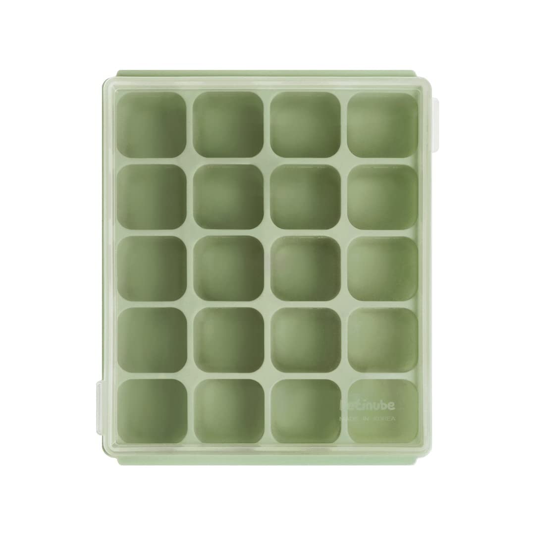 PETINUBE Baby Food Storage Silicone Cubes with Clip-On Lid Freezer Tray Baby Food Soups Purees Ice Easy and Safe Design Made in Korea (20 Celadon Green)
