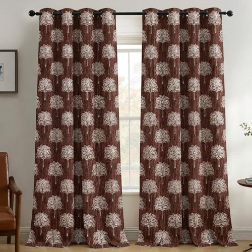 Image of Fashion String Elegant Tree 150 GSM Semi Transparent Eyelet Polyester Door Curtains - 7 Feet, Brown (Set of 2)