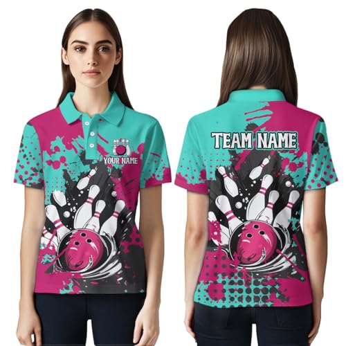 PIONAMZIOZ Custom 3D Bowling Shirts Teal and Pink Bowling Team Jersey Polo & Quarter-Zip Bowling for Men Women (US, Alpha, Small, 5X-Large, Regular, Regular, Women Polo)