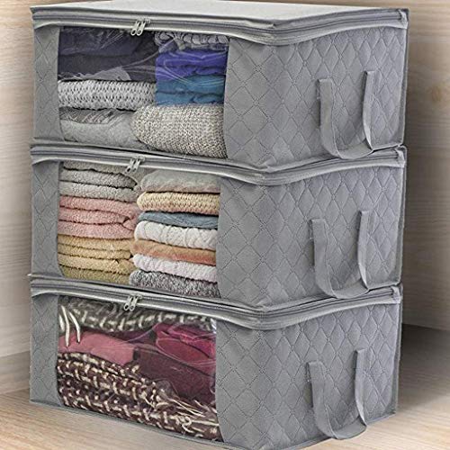 PLENTOP 6-Pack Foldable Closet Organizer Clothing Storage Bags with Clear Window Sturdy Zipper and Reinforced Handle (Gray)