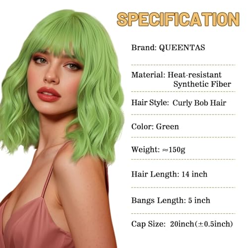 Image of QUEENTAS 14 Inch Short Wavy Green Bob Wig for Women with Bangs Glueless Synthetic Hair Natural Looking for St Patrick's Day Halloween Cosplay