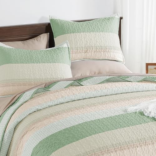Image of Andency Queen Quilt Bedding Set Mint Pink, 3 Pieces Patchwork Summer Striped Ultra Soft Lightweight Bedspreads, Coverlets Set with 2 Pillow Shams for All Seasons (90 inchx96 inch)