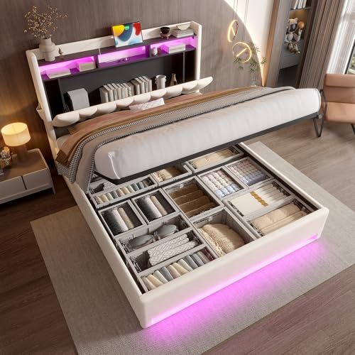 OKimmy Modernes Polsterbett 160x200CM Kopfteil mit Seitentaschen, Doppeltbett LED-Belechtung und Ablageflächen, Zertifizierte USB-Anschlüsse, Extra...