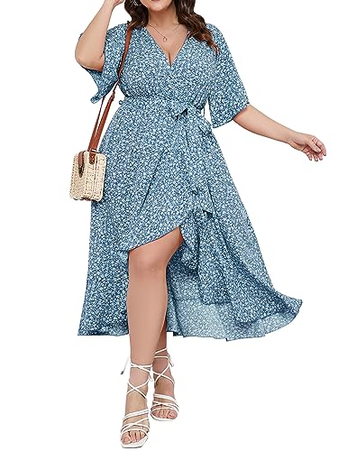 SCOMCHIC Women Plus Size Maxi Dresses Ruffle Wrap V Neck High Low Split Party Long Dress Blue XL