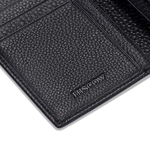 Image of HISCOW Full Grain Leather Men's Long Wallet, 15 Card Slots, Pebbled Black, One Size, Classic | Gusseted bill compartment, tall bifold design, clear ID window, ideal for coat pockets or briefcases, turned-edge, gift box