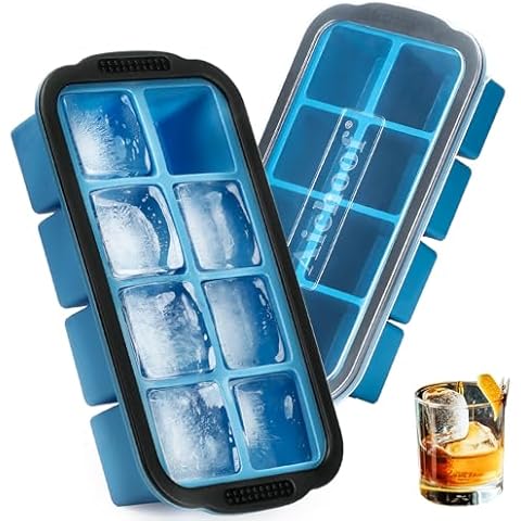 Large Square Silicone Ice Cube Trays for freezer with Lids, 2 Pack, 2 inch Ice Cube Molds, Whiskey,Cocktail,Baby Food Storage,Sauce Soups Freezing Trays,Dishwasher Safe(Blue) Cover