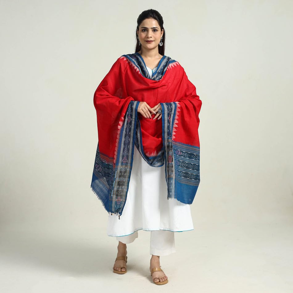 Image of Cotton Dupatta with weaving and Ikat woven border from the Weavers Stole for Girls & Women