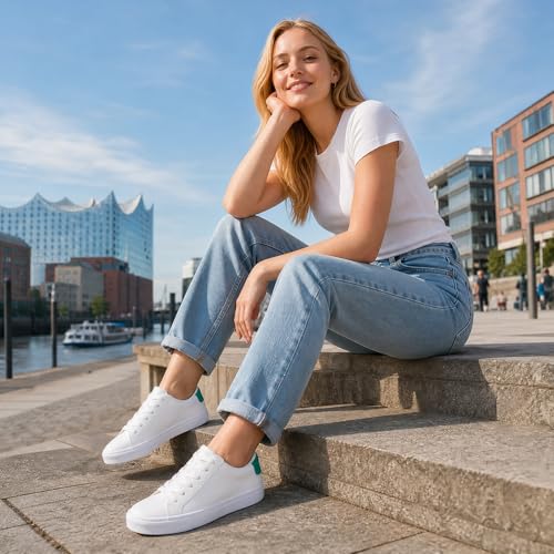 Image of Adokoo Women's Fashion Sneakers PU Leather Casual Shoes White Tennis Low Top Shoes Womens Lace Up Sneakers