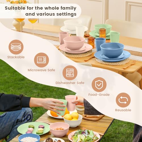 Image of Homienly Premium Dinnerwave Sets, Lightweight & Unbreakable Wheat Straw Dish Set - Plates and Bowls Set with Cups, 16 PCS Microwave and Dishwasher Safe Dinnerware Set - Multi Light