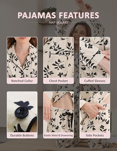 Image of NAP BOUND 100% Cotton Pajamas for Women 2 Piece PJs Set Long Sleeve Button Down Breathable Woven Sleepwear Loungewear XS-XXL