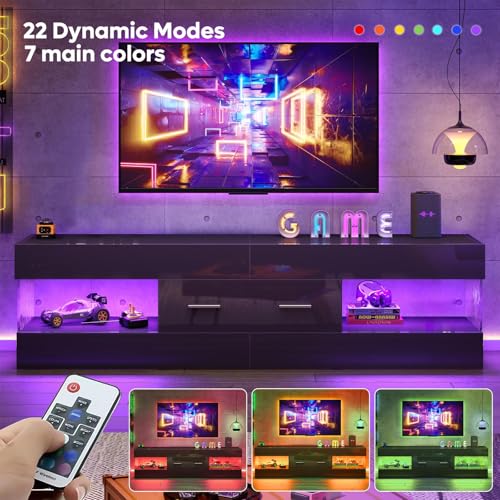 Image of Bestier Black 60 Inch Modern TV Stand, LED Entertainment Center with Drawer | Fits up to 65 in TV, High Gloss with Stone Pattern, Large Storage Drawer & Open Shelves, 7-Color LED Lights for Living Room