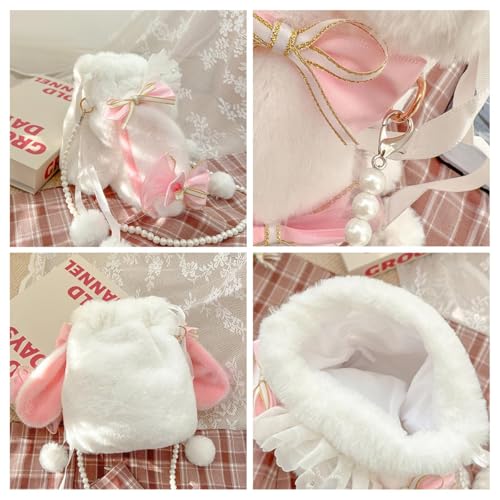Kawaii Lolita Crossbody Bag for Women - Japanese Plush Rabbit Bunny Shoulder Purse with Pearl Strap Cosplay Gifts4
