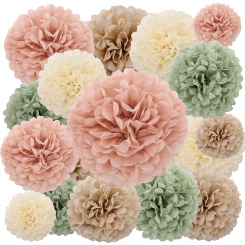 Image of BestoFun 16 PCS Beige Sage Green Tissue Pom Poms Paper Flowers Decorations Natural Green Boho Hanging Decor for Girl Groovy Birthday Baby Shower Wedding Bachelorette Room Wall Hanging Decor