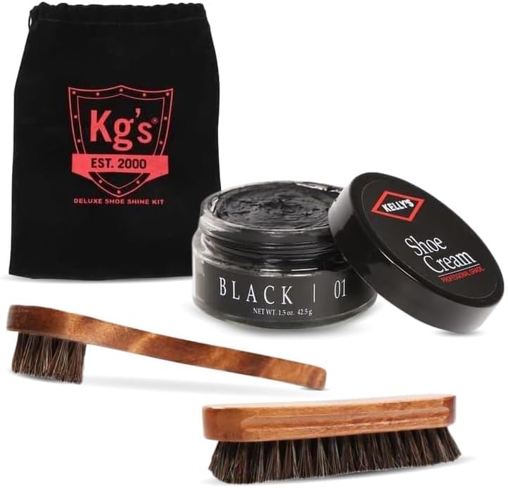 Shoe Shine Kit Includes Polish, Horsehair Brush, Applicator, and Storage Bag