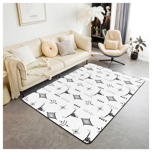 Western Aztec Area Rug 4'11" x 3'3" Bull Skull Living Room Rugs for Teens Young Boho Cow Head Decorative Carpet Geometric Minimalist Art Abstract Horns Black White Indoor Floor Mat