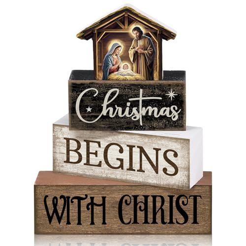 Moucuny 4 Pcs Christmas Table Decoration Christian Wooden Stacked Block