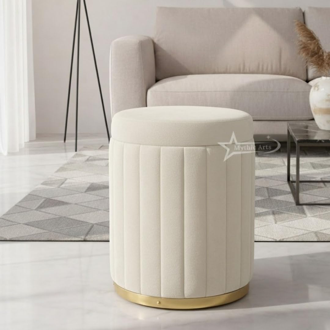 Round Strip Stool with Cushion Foot Rest Office Stool Pouf Ottoman Padded Seat in Living Room - Cream-image-32