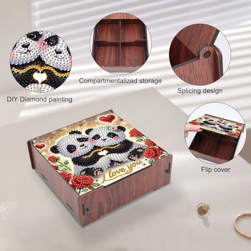 Image of DIY Diamond Art Storage Box with Flip-Top Lid, Happy Panda Design Wooden Diamond Painting Organizer with 4 Divided Compartments, Portable Desktop Craft Storage Basket for Accessories and Supplies