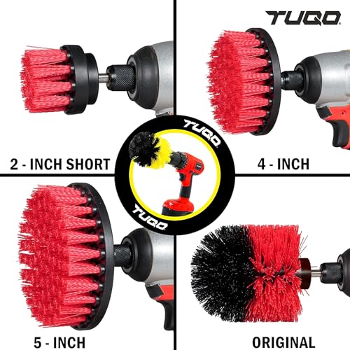 Image of TUQO SB20R Drill Brush Attachment Set | Power Scrubber Cleaning Kit for Outdoor Surfaces, Siding, Gutters, Brick & Garage | Stiff Bristles | Hex Shank Fits Most Drills | Red