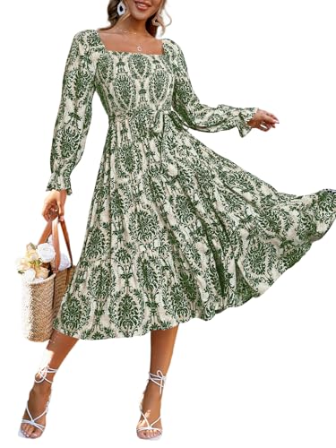Image of Simplee Womens Long Sleeve Maxi Dress Casual Square Neck Smocked Flowy Fall Wedding Guest Dresses