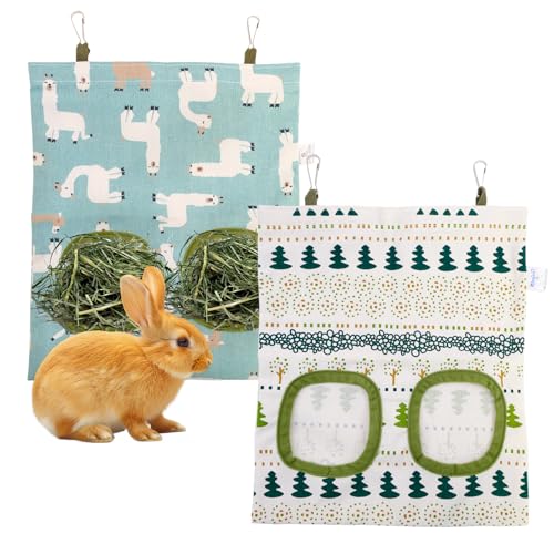 2 Piezas Bolsa de Heno para Conejos, Comedero de Heno Colgante de 2 Agujeros, tejido Oxford con ganchos para jaula, ahorro de espacio y fácil limpieza
