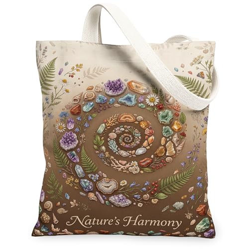 Bolsa de lona en espiral para mujer, diseño de flores de cristales bohemios, color marrón primavera, lavable, reutilizable, para ir de compras, brunch, parque, biblioteca, excursiones, 13 x 15