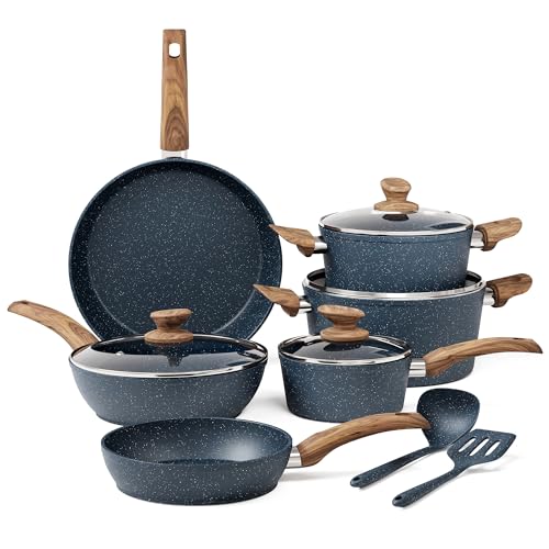 Kitchen Academy Pots and Pans Set Non Stick – 12 Piece Induction Kitchen Cookware Sets, Blue Granite Nonstick Cooking Pans Set