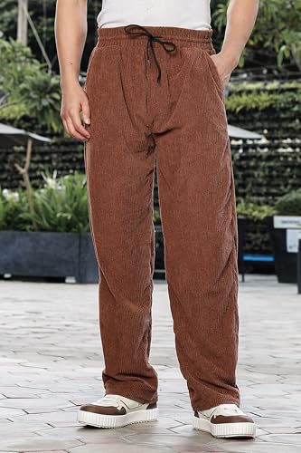 Image of SWADESI STUFF Men's Corduroy Trousers | Mid-Rise Relaxed Fit | Cotton Blend Joggers with Flexi Waistband