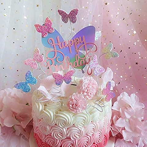 Butterfly Birthday Cake Decorations Happy Birthday Toppers Cake Decoration Cupcake Toppers Glitter Butterfly Cake Toppers for Party Supplies Girls Women Lady Children Party Decoration, 12 Pieces Cover
