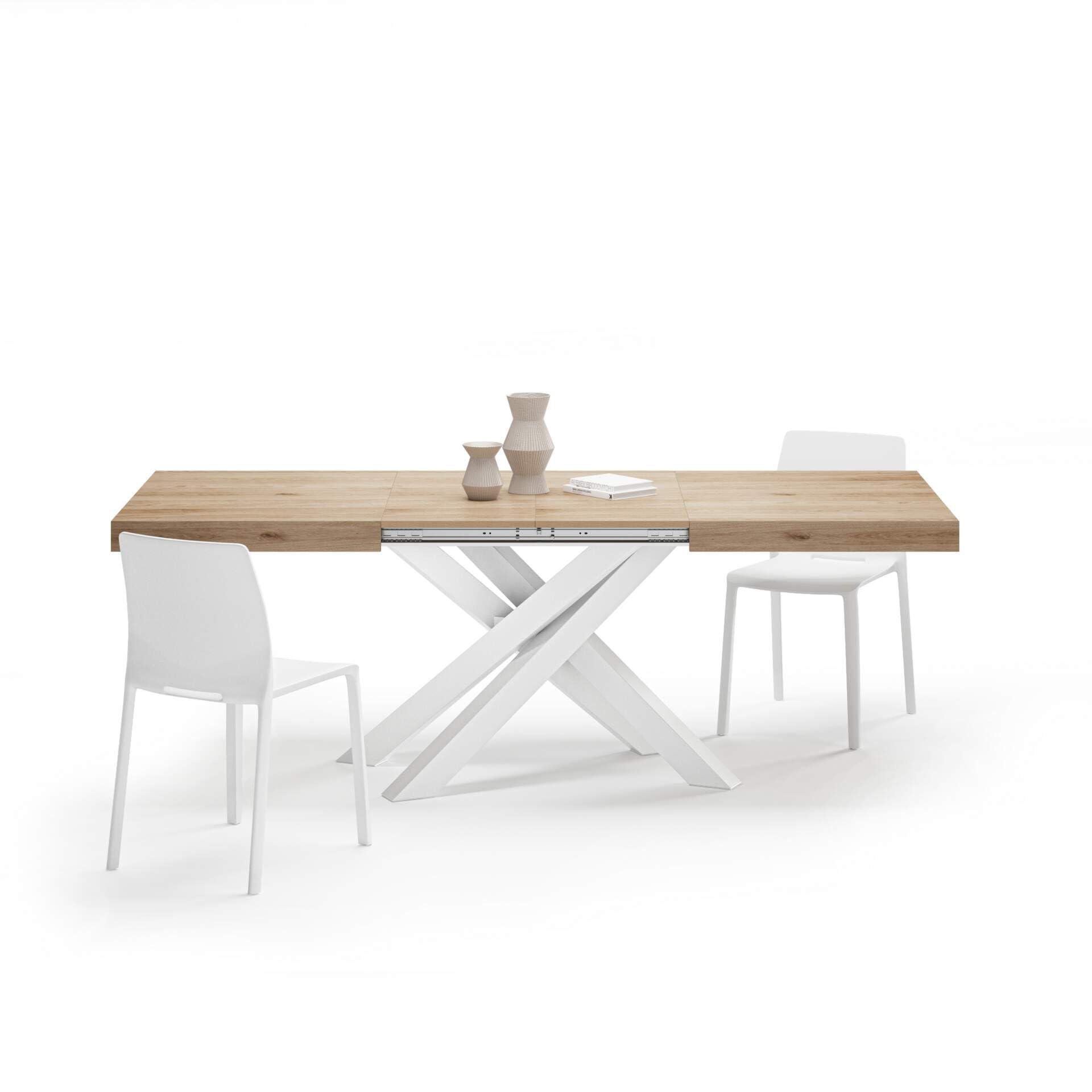 Mobili Fiver, Tavolo Allungabile Emma 140(220) x90 cm, Rovere Naturale con Gambe Incrociate Bianche, per 6-​10 persone, Tavolo Cucina, Soggiorno, Made in Italy