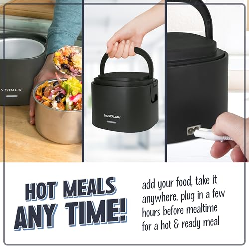 Nostalgia Portable Heated Lunch Box – 2.5-Cup Stainless Steel Food Warmer – Detachable Cord, Leak-Proof Lid, Carry Handle – Portable for Work & Travel – Black Berry - image 5