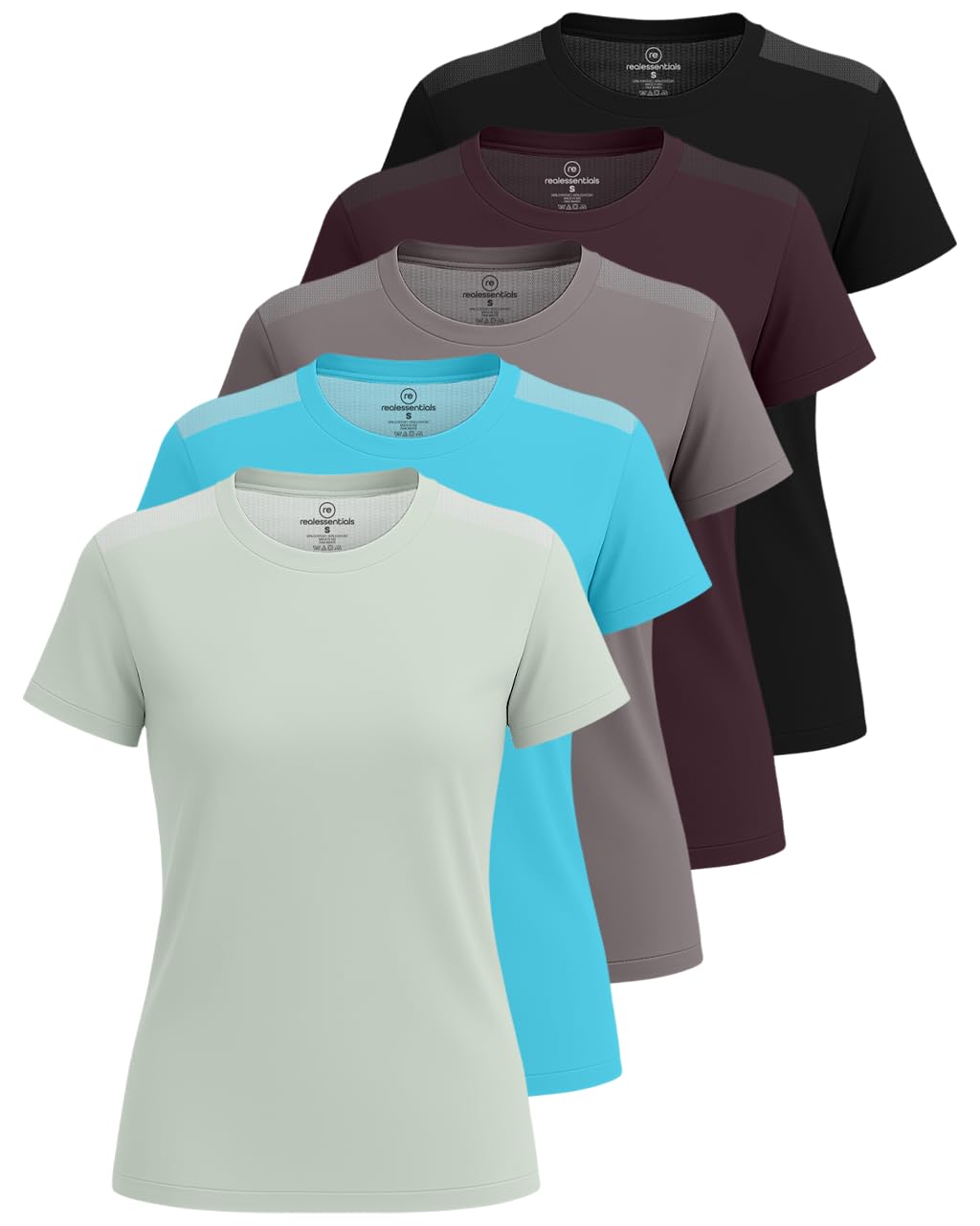Real Essentials 5 Pack: Women's Short Sleeve Mesh Insert T-Shirts Athletic Tops Gym Workout Yoga Tennis Activewear (Plus)