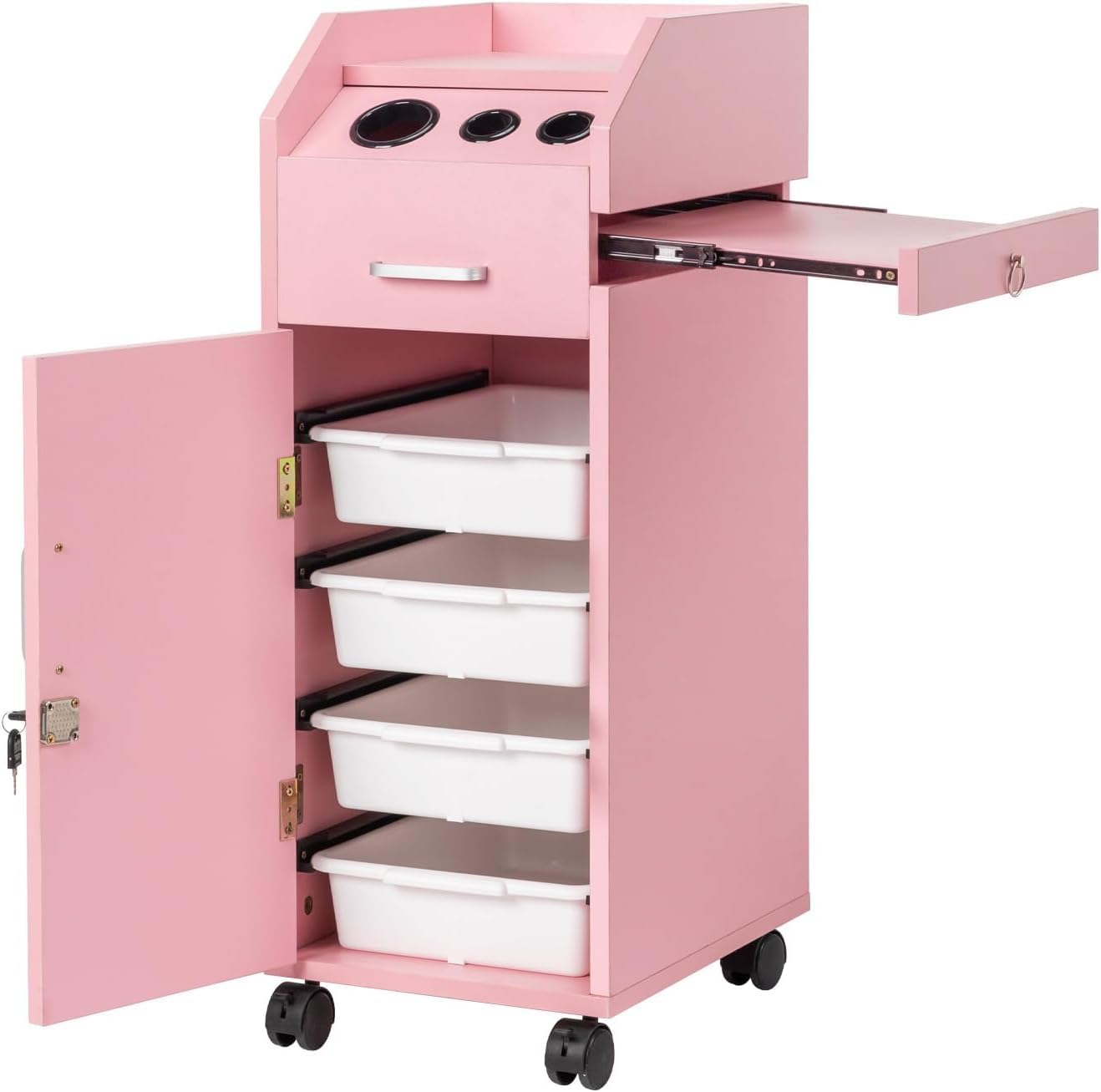 Rpuzonier Beauty Salon Trolley Storage Cart with Wheels, Hair Salon Rolling Storage Cart Locking Salon Station Storage Cabinet with 4 Drawers & 3 Tool Insert Holes for Barbershop Beauty Spa (Pink)