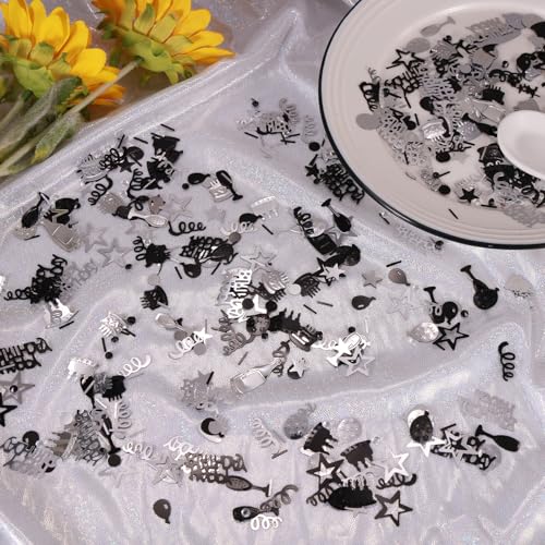 Image of Silver and Black Happy Birthday Confetti, 3000 Pcs Birthday Cake Table Metallic Foil Confetti Party Table Decor for Party, Baby Shower, DIY Arts and Crafting