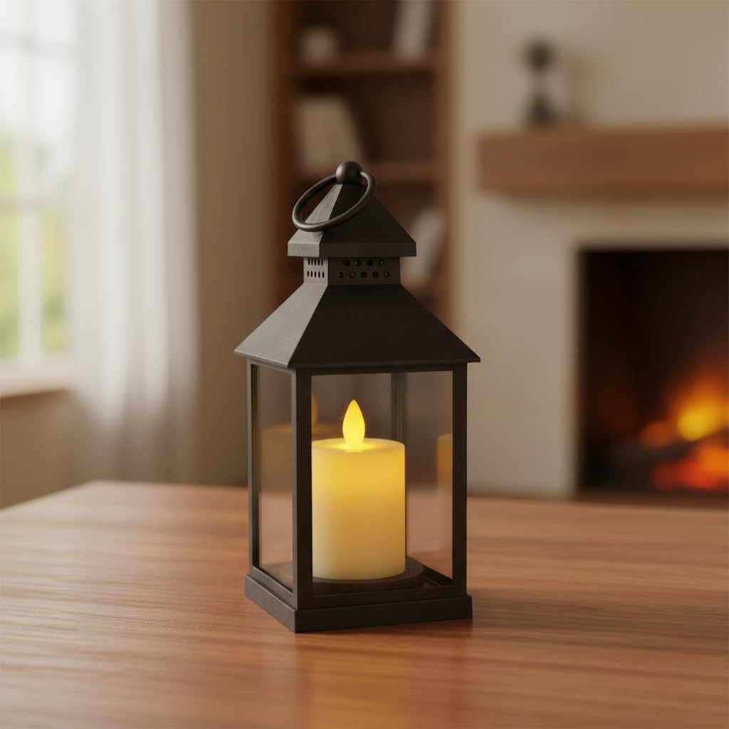 Coku LT-17 Vintage LED Lantern with Pillar Candle, Battery Operated Wall Hanging Lamp, Flickering Antique Glass Holder for Home Decor, Diwali (Black, Pack 1)-image-14