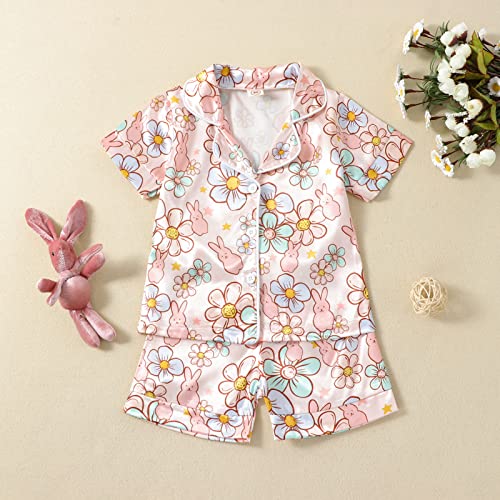 Toddler Girl Satin Summer Pajamas Set Short Sleeve Button-Down Top Shorts 2Pcs Floral Loungwear Sleepwear Pjs3