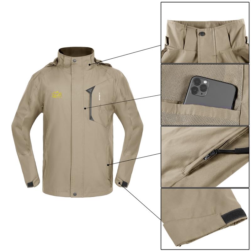 Image of TEZO Mens Rain Jacket Waterproof with Hooded Hiking Coat Lightweight Windbreaker | Windproof Mountain Jacket,Multi Zip Pockets Windbreaker,Work,Breathable,Fishing,Active Performance Shell Jackets,Outer Layer