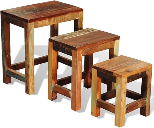 Miniatura 8 de CHARMMA Juego de mesa anidable, 3 piezas, mesas de centro de madera recuperada vintage para sala de estar, mesa apilable para mesa anidable, mesa de
