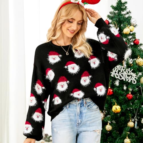 Image of Women's Christmas Top Long Sleeve Round Neck Santa Claus Knitted Sweater Pullover Top