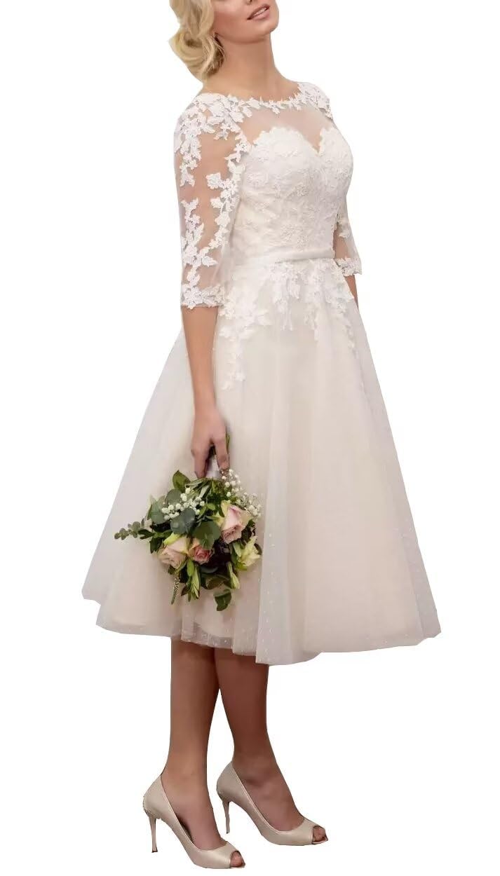 SZSFNMMY Tulle Short Wedding Dresses for Bride Lace Applique Sleeveless Knee Length Bride Gown for Women Ivory 5 14